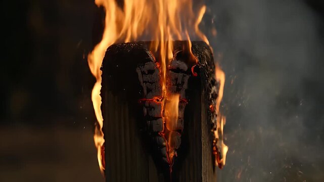 A burning wooden object with flames and smoke rises upwards in the dark.