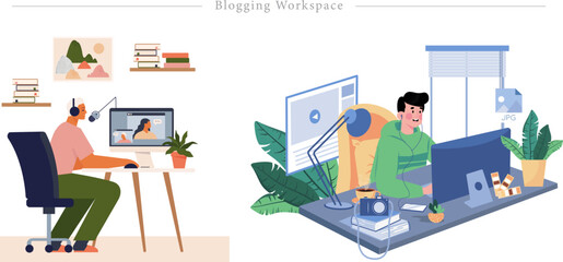 Blogging Workspace Flat Vector Podcast Video Studio Content Creator Illustration
