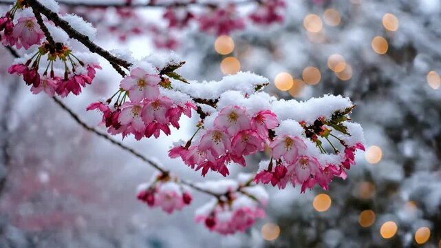 Snow-covered branches of pink cherry blossom flowers in winter wonderland against blurry bokeh lights and soft snow flurries