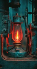 Fototapeta premium Antique Lantern Glows Warmly Against Teal Machinery, Casting Eerie Light.