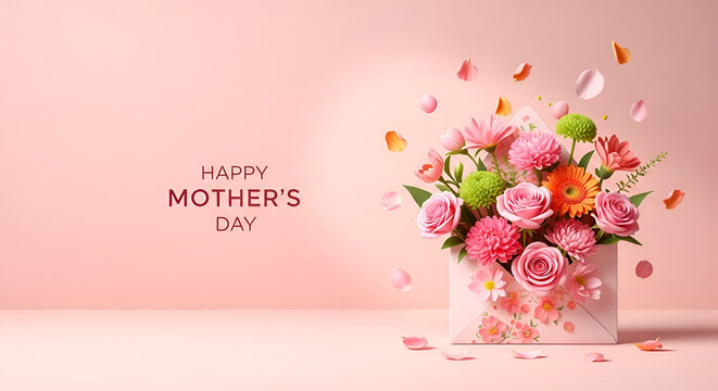 Mothers Day greeting design with colorful floral bouquet in envelope on soft pink background expressing love gratitude appreciation for mother celebration card concept