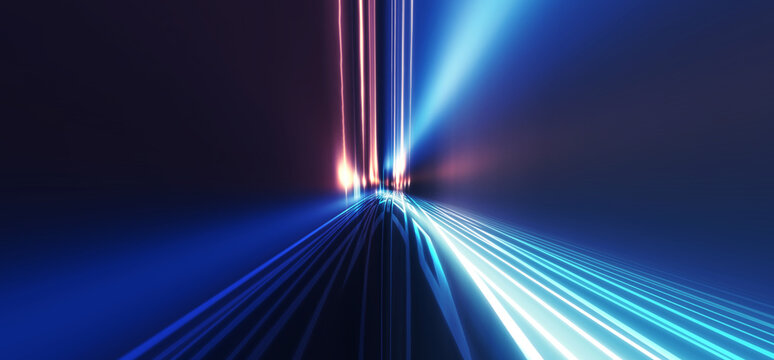 Dark abstract futuristic background. The geometric shape of a triangle in the middle of the scene. Neon blue-pink rays of light on a dark background