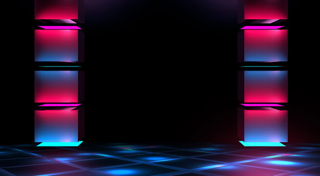 Dark abstract background with neon glow and lines. Party background with neon light, reflection on the surface.