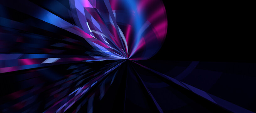 Neon lights cut through the dark background, creating patterns that convey movement and energy. Bright lines draw the eye to the center, inviting exploration.