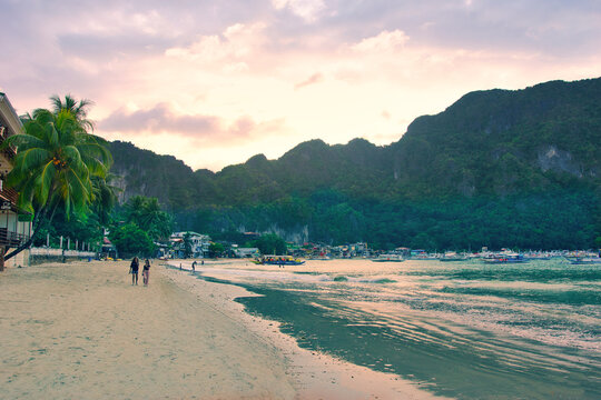 PALAWAN, PHILIPPINES - DECEMBER 21, 2023: Tropical islands  in El Nido on Palawan Island in the Philippines. 6 million tourists visited Philippines in 2016. On a hot sunny afternoon. Beautiful scenery