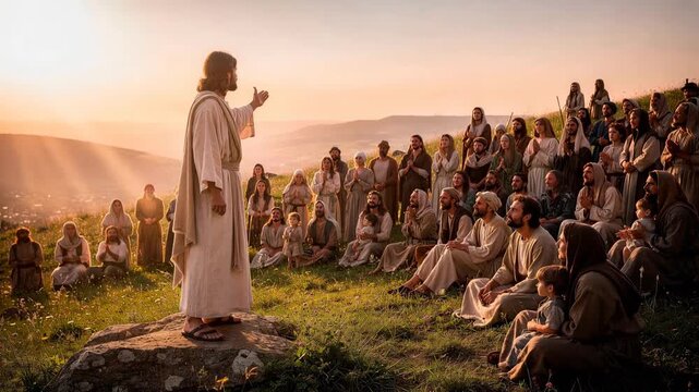 Historical figure speak to diverse crowd outdoors at sunset