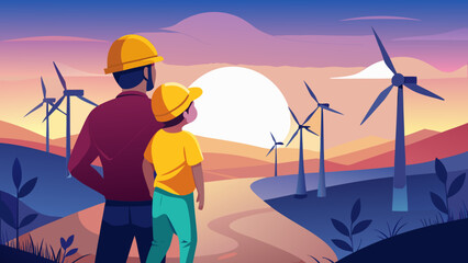 Vector illustration of man and child looking at wind turbines © Rana Islam
