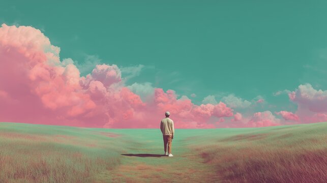 surreal pastel landscape with lone rapper under pink sky minimal album cover aesthetic