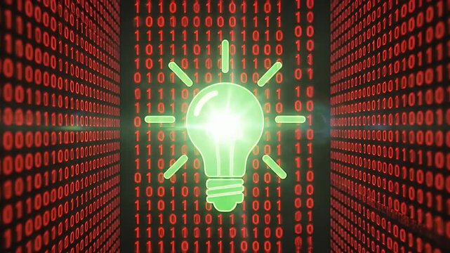 Green Idea Bulb on Digital Background - An illustration of a green lightbulb, symbolizing a bright idea, is set against a background of red binary code.
