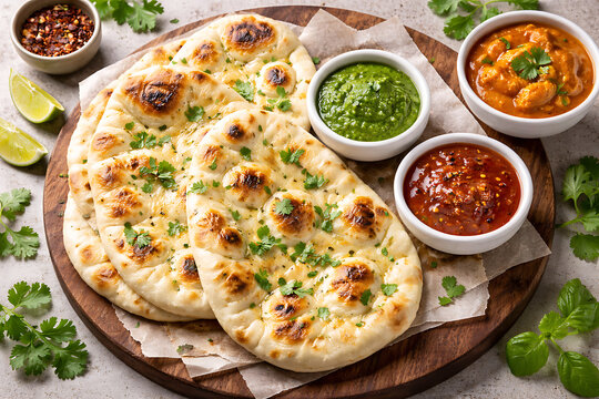 Tandoori naan bread served with chutney and curry dips