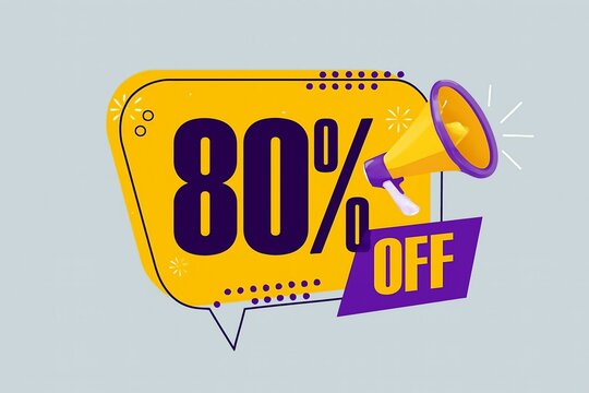 80 percent discount sale megaphone announcement loud promotion banner vector illustration bright yellow purple vibrant commercial offer