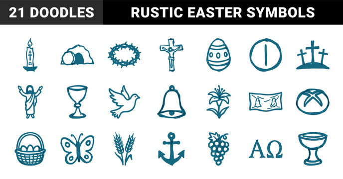 Christian Easter and religious symbols for spiritual branding. Crude marker sketch naive doodle illustrations of crucifixion, resurrection, and faith.