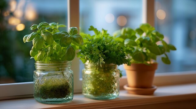 Windowsill herb garden providing fresh basil, cilantro, and parsley clippings for immediate cooking use, hyperlocal seasoning grown mere steps from stove, ideal for kitchen herbs, fresh