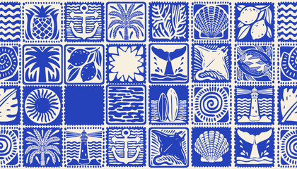 Fototapeta premium Summer coastal seamless pattern, hand drawn ocean tile texture, tropical travel repeat background. Blue marine vintage wallpaper vacation square mosaic print. Abstract exotic summer textile pattern