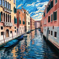 Obraz premium Venice canal scene illustration, historic italian city, gondolas, architecture, travel
