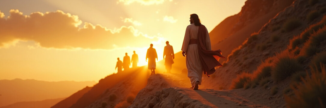 Journey of disciples following Christ through hills at sunset, creating a serene spiritual atmosphere. Disciples walking alongside Christ highlight faith and companionship in this biblical scene.
