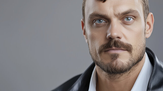 Close up portrait of man with blue eyes and well groomed beard, wearing black leather jacket, exuding confidence and charisma