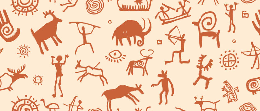 Cave prehistoric art seamless pattern, old naive ancient stone doodle hand drawn painting texture. Old civilization culture symbol background, animal, hunter man silhouette. Primitive cave pattern