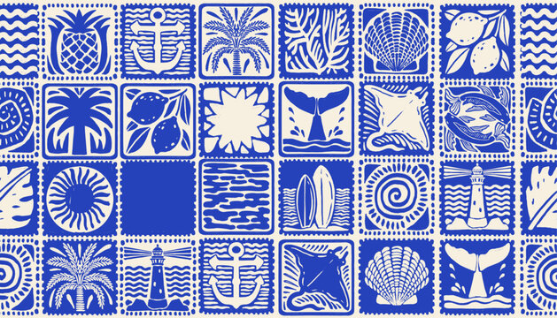 Summer coastal seamless pattern, hand drawn ocean tile texture, tropical travel repeat background. Blue marine vintage wallpaper vacation square mosaic print. Abstract exotic summer textile pattern