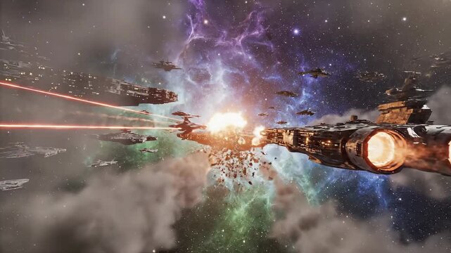 Intense Sci-Fi Space Battle: Warships Engage in Explosive Combat Amidst a Colorful Cosmic Nebula
