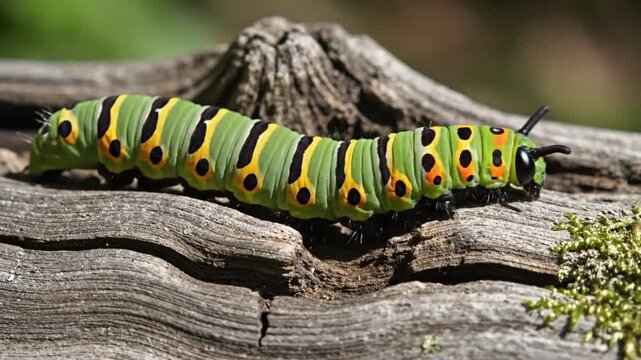 Close-up of a colorful, segmented caterpillar crawling slowly along a weathered wooden surface in natural sunlight