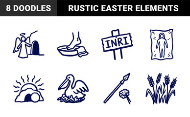 Naklejka premium Christian Holy Week and Easter religious symbols for church branding. Rustic naive marker sketch illustrations featuring Passion of Christ and Resurrection concepts.