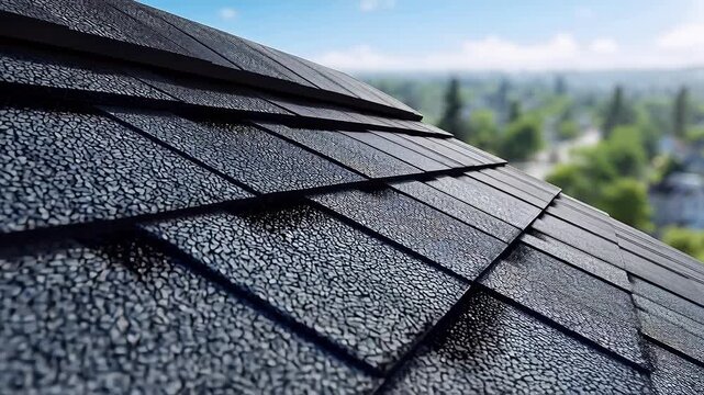 Hyper-realistic close-up of gray textured asphalt roofing shingles on a steep house roof, leading down to a beautifully blurred background.