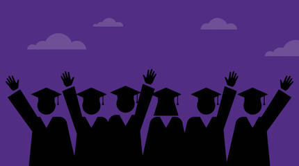 Fototapeta premium Crowd of students celebrating graduation by raising hands and tossing caps in the air, symbolizing academic achievement and university success.
