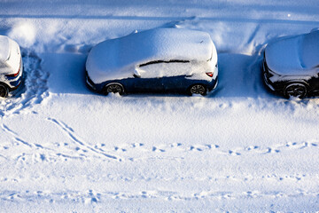 snow-covered parked cars on street after snowfall