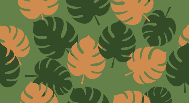 Tropical green and orange leaves pattern.