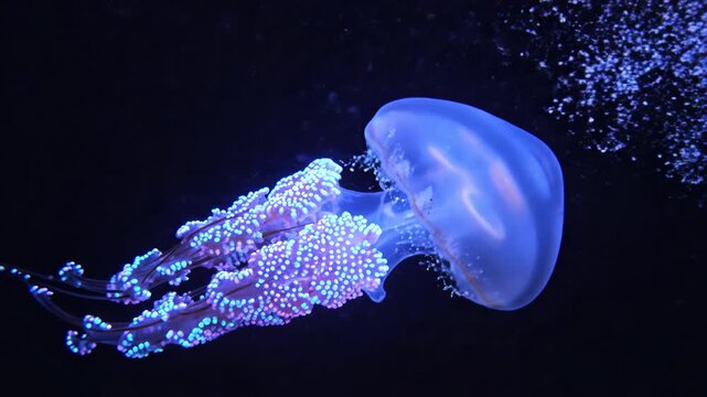 Close Up Glowing Blue Jellyfish Swimming in Dark Ocean Water