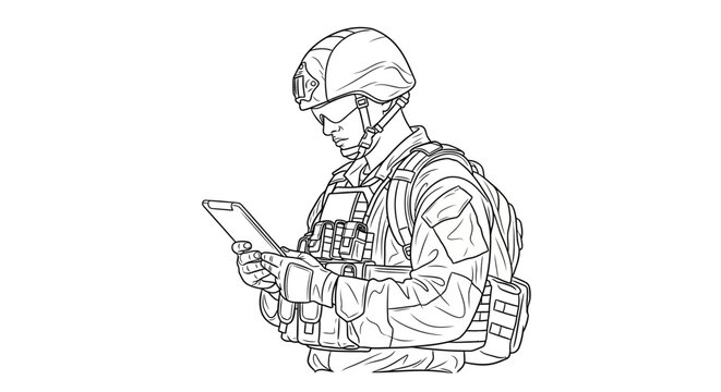 Soldier using tablet computer in tactical gear, modern warfare technology, digital communication, military operations