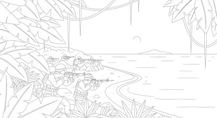 Obraz premium Soldiers in jungle ambush, advancing along a tropical coastline road