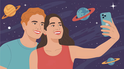 A couple taking a selfie in outer space with planets and stars © srdesignhouse
