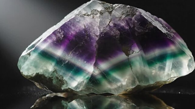 Mesmerizing close up of a beautiful fluorite gemstone with vibrant purple and green colors reflecting light