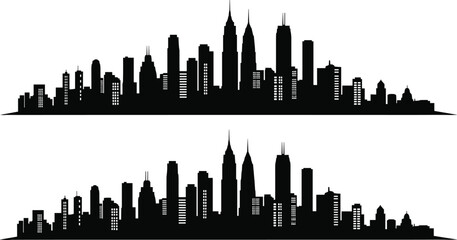 Obraz premium Modern city skyline silhouette, urban skyscraper panorama, metropolitan downtown horizon, black building outline, architecture landscape, vector cityscape illustration, minimal design