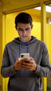 A Young Man Concentrates Intently on His Smartphone While Standing in a Brightly Lit Space, Displaying Emotions of Focus and Concern
