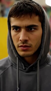 A Focused Young Man in a Hoodie Engaging with His Smartphone, Captured in Two Vivid Frames Highlighting His Intense Expression and Captivating Atmosphere