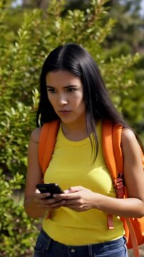 A young woman with long black hair and an orange backpack is focused on her smartphone while standing amid greenery, showcasing her attentive demeanor in an outdoor setting.
