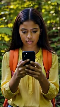 A Young Woman in Nature Engaged with Her Smartphone, Displaying Focus and Curiosity, Surrounded by the Serenity of the Forest and Natural Elements