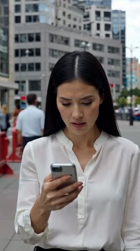 A Young Woman Engrossed in Her Smartphone Amidst a Bustling City Environment, Expressing Emotions During a Moment of Digital Engagement