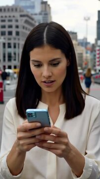 A woman transitions from concern to intrigue as she reads messages on her smartphone in an urban environment, showcasing the emotional impact of digital communication.