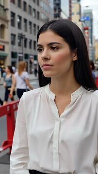A Young Woman in a White Shirt Reflects Thoughtfully While Standing on a Busy City Street, Engaged with Her Smartphone in the Heart of Urban Life