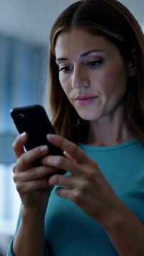 A Focused Woman Engaged with Her Smartphone, Capturing the Intensity of Modern Communication and Connection in a Calm Indoor Environment