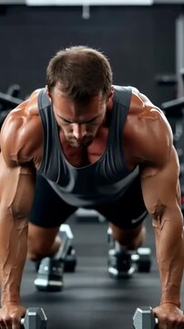 Intense Strength Training: A Dedicated Athlete Performing Push-Ups with Dumbbells to Build Muscle Mass and Enhance Upper Body Fitness in a Modern Gym Environment