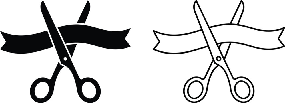 Scissors cutting ribbon, black and white vector illustration, flat design icons