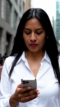 Confident Businesswoman Navigating the City Streets While Engaging with Her Smartphone, Displaying Focus and Determination in a Professional Setting