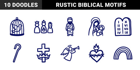Naklejka premium Christian religious symbols and biblical motifs in a rustic hand-drawn doodle style. Naive marker sketch illustrations for spiritual branding and church education.