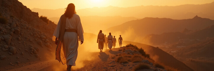 Fototapeta premium Disciples of Christ walking along mountainside at sunset, golden light illuminating their path. Scene captures the disciples, dressed in traditional robes,