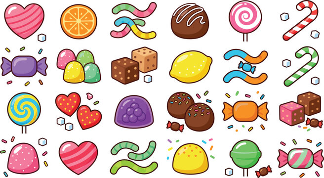 Large Collection of Colorful Sweet Candy Illustrations featuring Lollipops, Gummy Worms, Chocolate Truffles, Hard Candies, and Fruit-Flavored Treats for Party and Game Graphic Designs